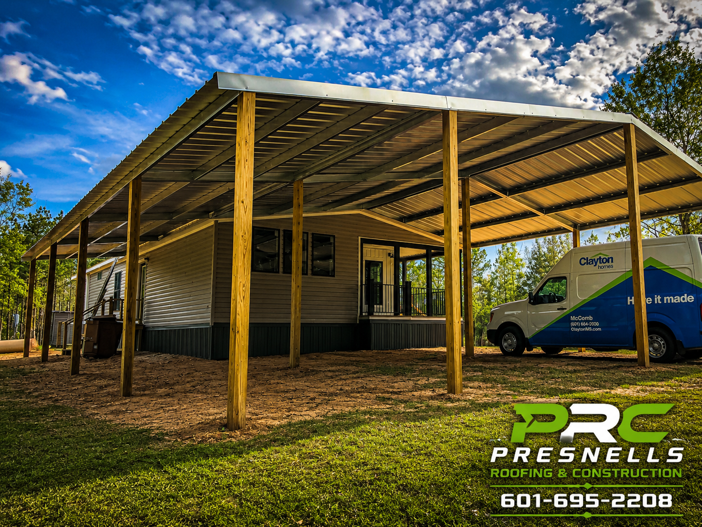 PRC metal roof cover over a manufactured home and parking area